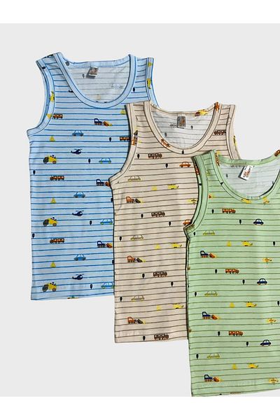 elmas kids Cotton Striped Car Patterned Undershirt for Boy - Blue Green Cream, Set of 3