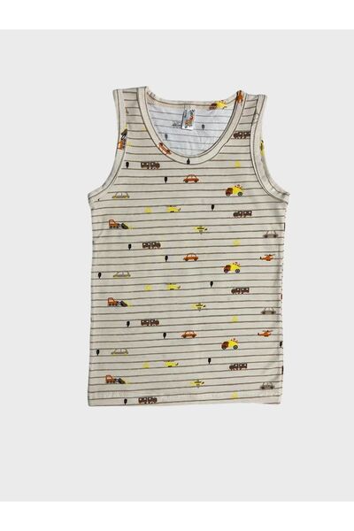 elmas kids Erkek Çocuk Pamuklu Çizgili Araba Desenli Mavi Yeşil Krem 3 lü Atlet