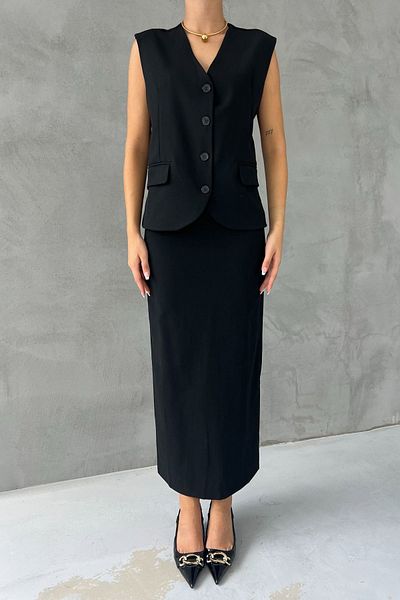 Seda Yalçın Atelier Black Short Belted Vest and Slit Skirt Set