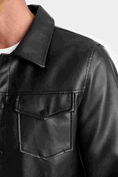 DeFacto DFM - Slim Fit Gömlek Yaka Astarlı Suni Deri Mont