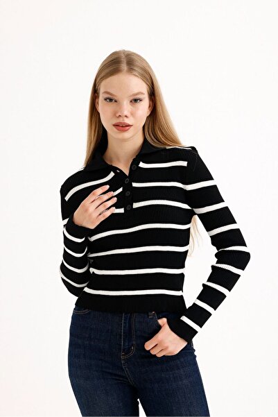 NZL TEKSTİL Polo Neck Striped Women's Sweater