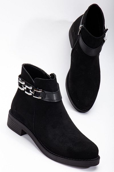 Tonny Black Γυναικείες μαύρες σουέτ Thermo Sole Chain Λεπτομερείς μπότες με φερμουάρ με κοντό τακούνι