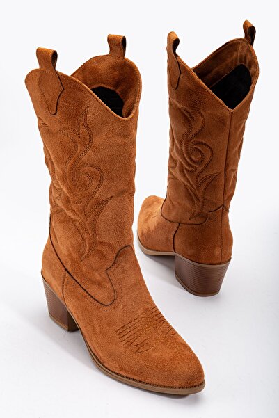 Tonny Black Női barna velúr termotalp, hímzett hegyes orrú Western hosszú Cowboy csizma