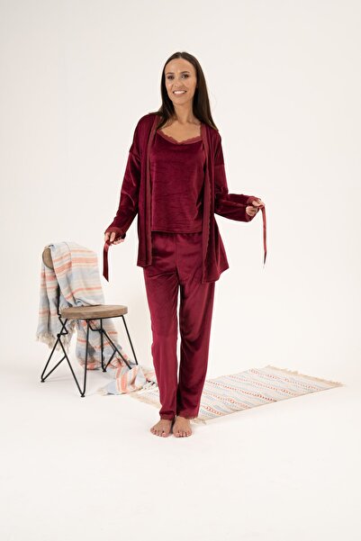 Estiva Kadın Kışlık 3 Parça Sabahlıklı Kadife Pijama Takımı