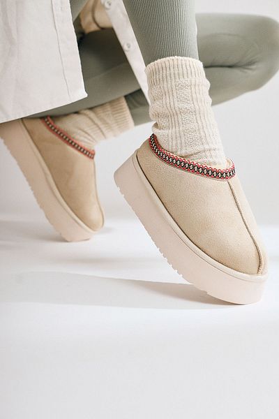 Limoya Χειμερινές γυναικείες παντόφλες Mhy Beige Suede με χοντρή σόλα