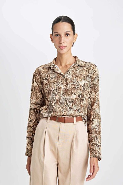 DeFacto DFC - Oversize Fit Yılan Derisi Desenli Maroken Uzun Kollu Gömlek