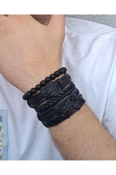 BSN Store Life Tree and Infinity Black Figured 5-Piece Real Leather Bracelet