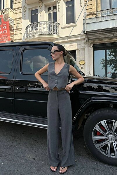 JaMolls Vestă scurtă cu dungi și pantaloni Palazzo - Set de două piese cu pic...