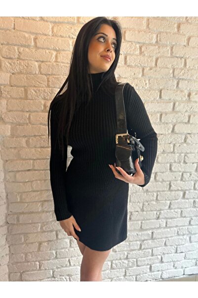 moneta boutique Kadın Dik Yaka Simli Triko Elbise
