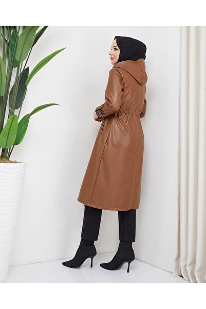 HARMAN BUTİK Γυναικεία καμπαρντίνα με δερμάτινη κουκούλα