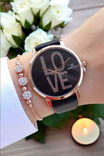 Daniel Klein Black Leather Women's Wristwatch and Bracelet Set with Stone Detail