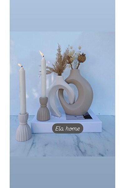 ELASİBEL HOME Sevgili vazo,sarmaşık vazo 2’li Şamdanlı set bej- krem