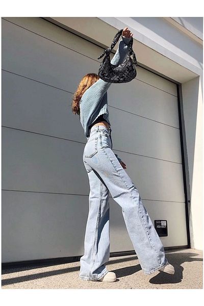 geenz manifacture Jessi - Pantaloni Palazzo Jean albastru deschis cu talie înaltă și Lycra