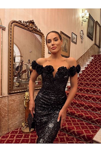1Moda1Tarz Rochie de designer special cu paiete negre și detaliu trandafir - căptușită