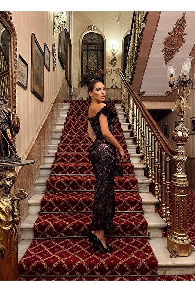 1Moda1Tarz Burgundy Sequined and Lined Rose Detailed Special Design Women's Dress