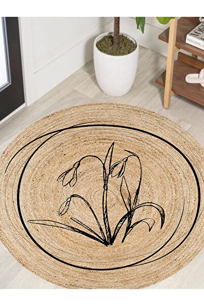 kilim home Boho 902 Floral Patterned Round Natural Color Double Sided Carpet ...