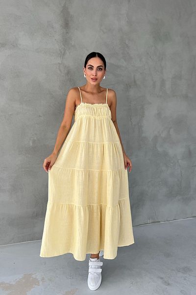 Seda Yalçın Atelier Sardinya Gipe Λεπτομερές κίτρινο ριγέ φόρεμα με λουράκι