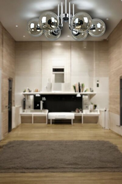 Fer Avize Tanya Modern Tasarım Mutfak - Salon - Yatak Odası - Tavan Krom Renk Bal Camlı 6 Lı Avize