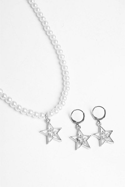 EUROMODA Intertwined Star Design Pearl Beaded Necklace Earrings Set