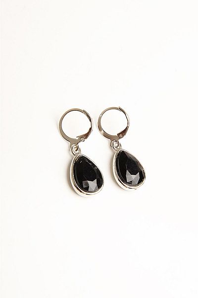 EUROMODA Drop Stone Detailed Black Silver Necklace and Earring Set