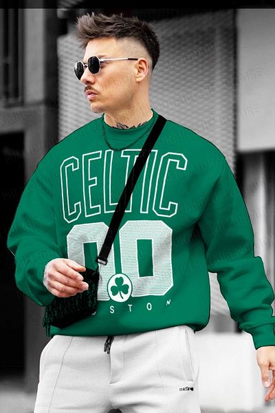 Millionaire Πράσινο ανδρικό φούτερ από φλις εμπριμέ Boston 00 - Crew Neck, Oversize Cut