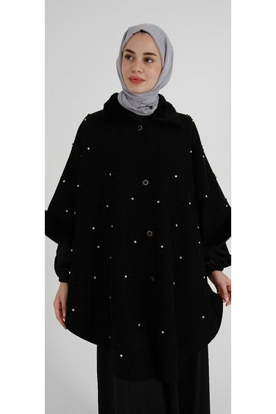 MODA MAÇKA PARK Knitwear Poncho - Design Abaya, Zircon Stone and Pearl Detail