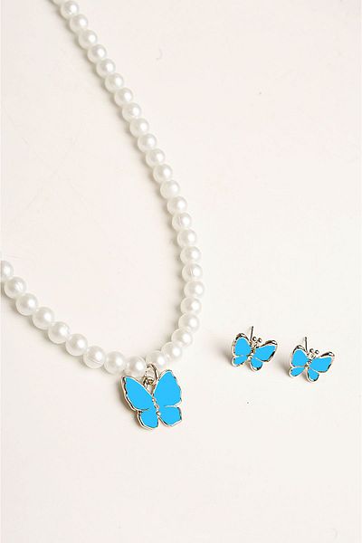 EUROMODA Red White Yellow Turquoise Black Navy Colorful Butterfly Design Necklace and Earring Set