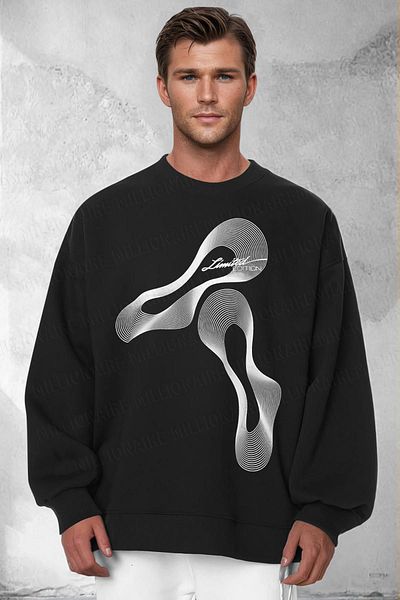 Millionaire Men's Black Limited Printed 0 Crew Neck Oversize Loose Loose Cut Fleece Sweatshirt