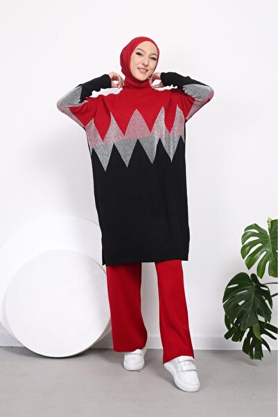 nacar çarşı KADIN MODEST KENDİNDEN DESENLİ YANDAN YIRTMAÇLI SİMLİ TRİKO TUNİK