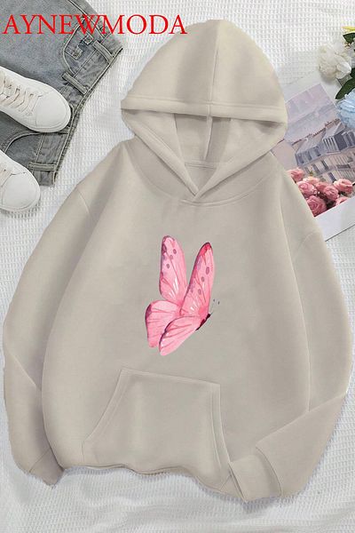 aynewmoda Ecru Color Pink Butterfly Patterned Oversize Hooded Sweatshirt