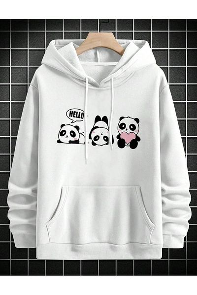 aynewmoda Λευκό φούτερ με κουκούλα - 3 Cute Panda εμπρός με στάμπα