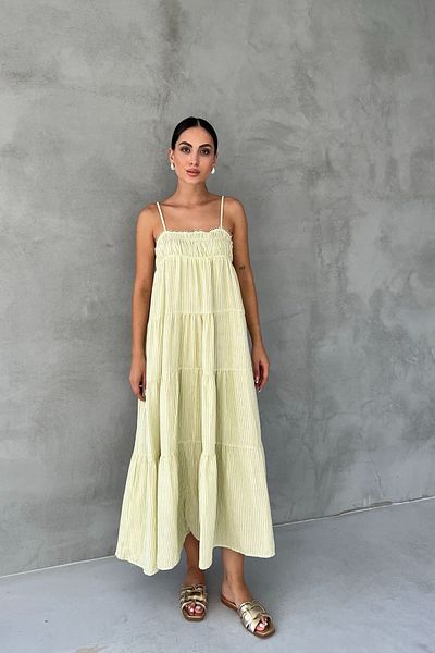 Seda Yalçın Atelier Green Striped Gipe Detailed Sardinia Strap Dress