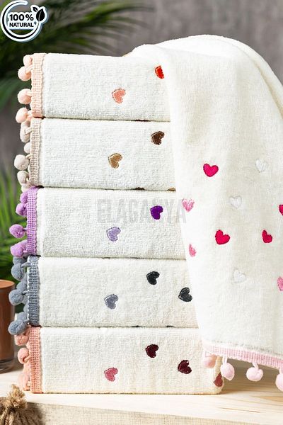 Elaganya Set of 6 Embroidered Pompom Towels - 100% Cotton, 30x50 Cm