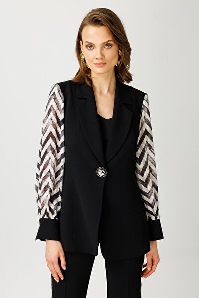 Nazen Giyim KOLLARI TÜL DETAYLI SİYAH KADIN CEKET 7567-2Y4