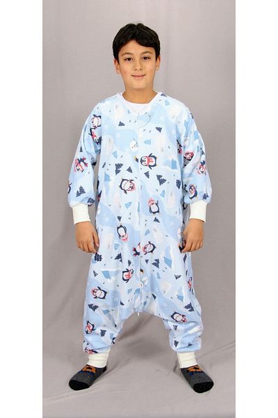 DİDABABY Winter Long Sleeve (21-24 DEGREE ROOM TEMPERATURE) 100% Cotton Flannel Blue Penguin Patterned Sleeping Bag