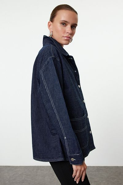 Trendyol Collection Oversize Dark Blue Striped Denim Jacket - Twoaw25Ce00027
