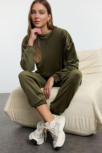 Trendyol Collection Khaki Velvet Crop Top and Stretchy Knitted Trousers Set - Twoaw25au00134