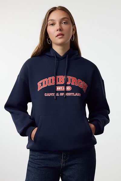 Trendyol Collection City Printed Navy Blue Oversize Sweatshirt - Fleece Thick Inner, Twoaw24sw00438