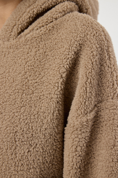 Trendyol Collection Velbloudí plyšová mikina s kapucí a zipem, tlustá pletená mikina - Twoaw25Sw00140