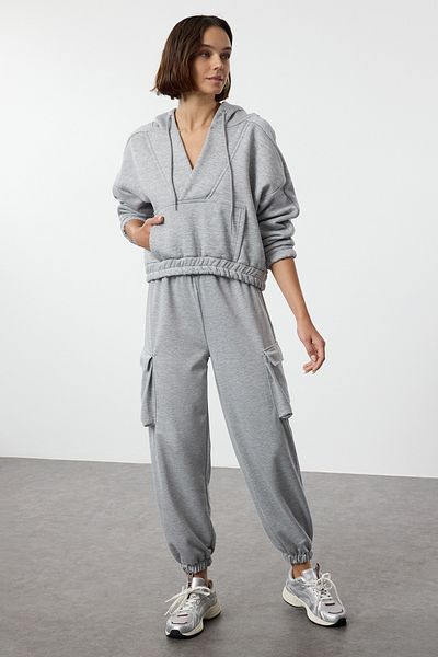 Trendyol Collection Fleece Gray Melange V-neck Hooded Knitted Sweatshirt - Overize Fit Twoaw25sw00206