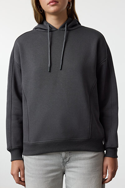 Trendyol Collection Silná a fleecová antracitová oversize mikina s kapucí - Twoaw25Sw00146