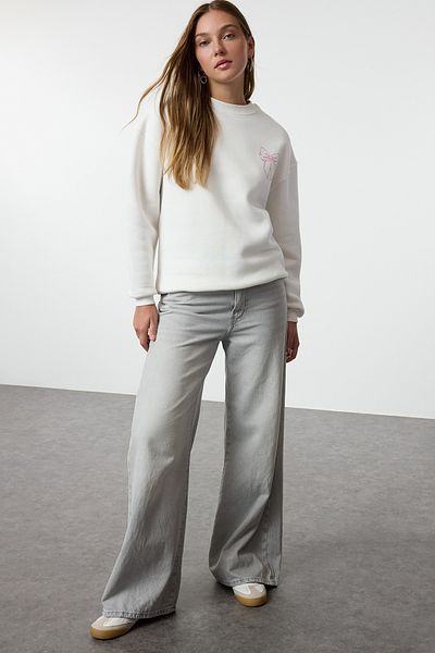 Trendyol Collection Knitted Oversize Sweatshirt - Ecru, Front and Back Print, Twoaw25Sw00250