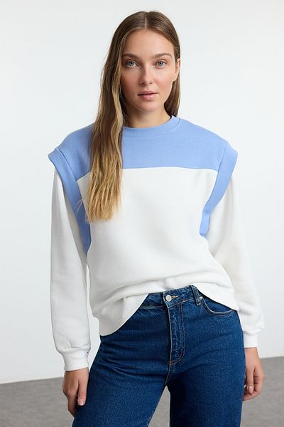 Trendyol Collection Dickes Fleece-Innen-Sweatshirt mit Farbblock - Blau, normale Passform TWOAW25sw00175