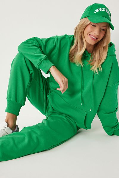 Happiness İstanbul Grünes Oversize-Kapuzen-Sweatshirt und Jogger-Trainingsanzug-Set – PYS0027