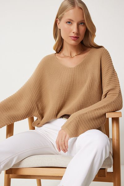 Happiness İstanbul Damen-Strickpullover „Thessaloniki“ in Keksform mit V-Ausschnitt, Übergröße, ZA00059
