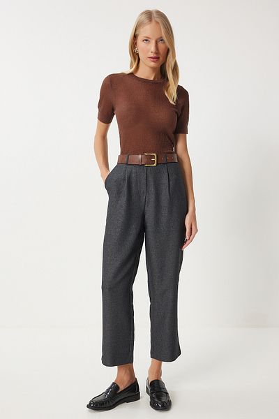 Happiness İstanbul High Waist Anthracite Pleated Women's Woven Trousers - Fn03376