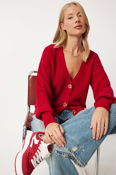 Happiness İstanbul Cardigan roșu din tricot cu nasturi cu decolteu în V pentru femei ZA00025