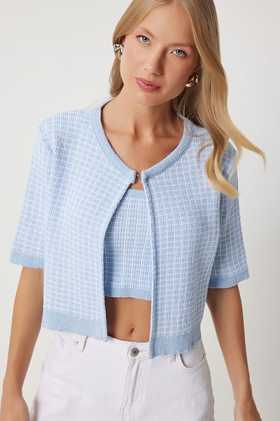 Happiness İstanbul Babyblaues Strick-Crop-Cardigan-Set – Damen PF00093