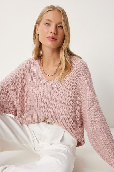 Happiness İstanbul Puderfarbener Thessaloniki-Strickpullover mit V-Ausschnitt und Oversize-Strick für Damen ZA00059