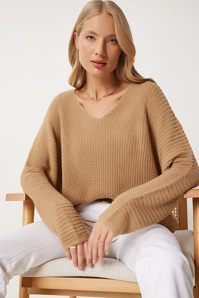 Happiness İstanbul Damen-Strickpullover „Thessaloniki“ in Keksform mit V-Ausschnitt, Übergröße, ZA00059